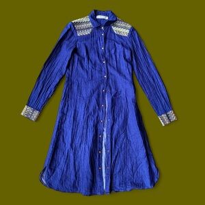 Vintage MCS blue denim Long Button-Front Shirt Dress with Patterned Yoke